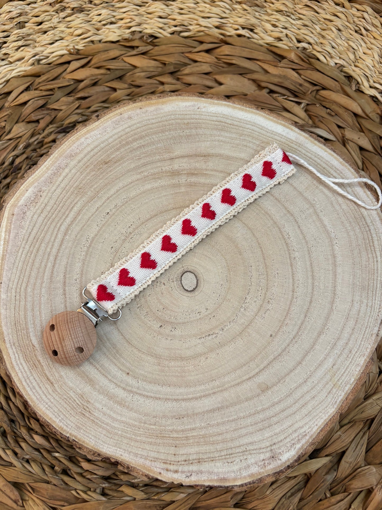Attache-tétine en bois & ruban jacquard