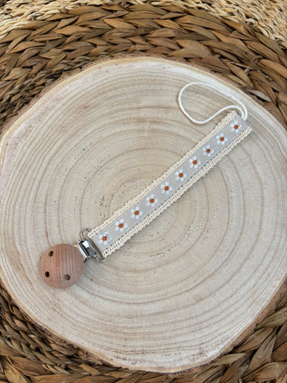 Attache-tétine en bois & ruban jacquard